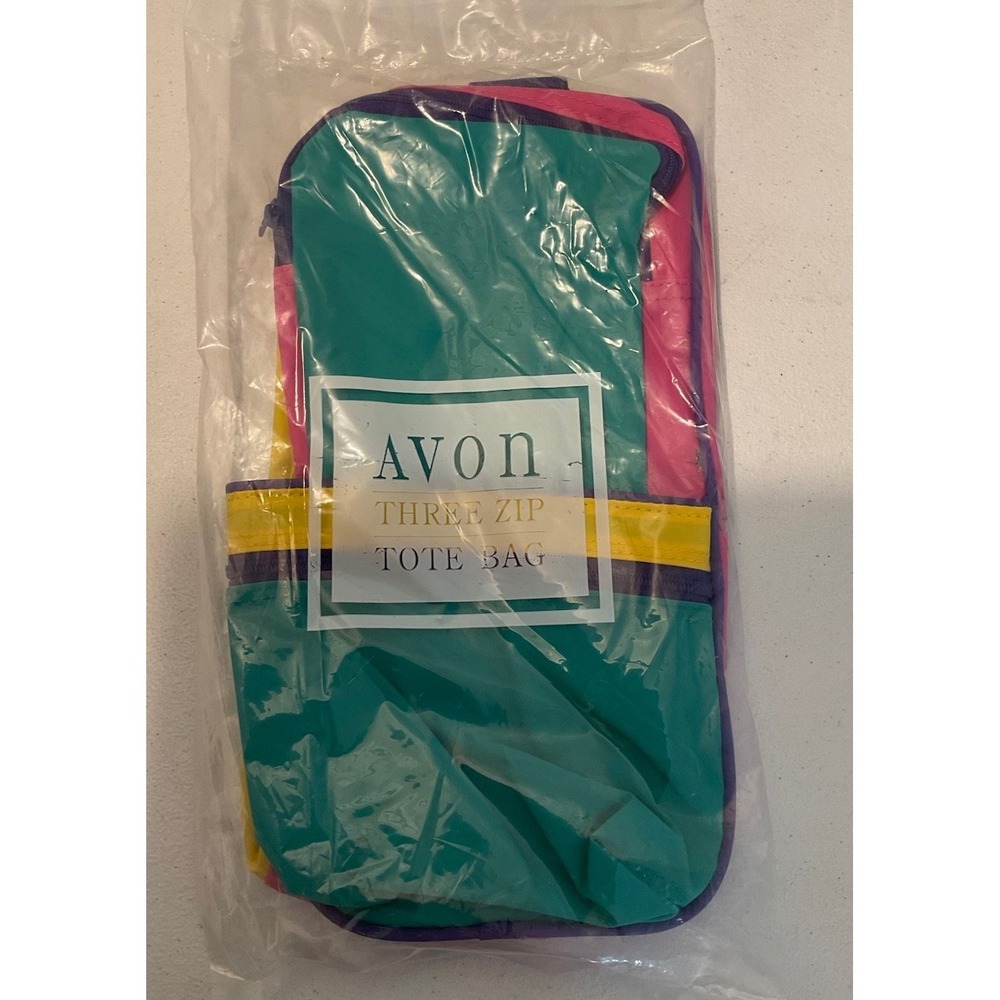 Vintage Avon Three Zip Tote Bag Green Pink Yellow Purple Sealed